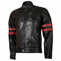 Mens Leather Jacket Black Lambskin Biker Moto Red Stripes - Thumbnail 4
