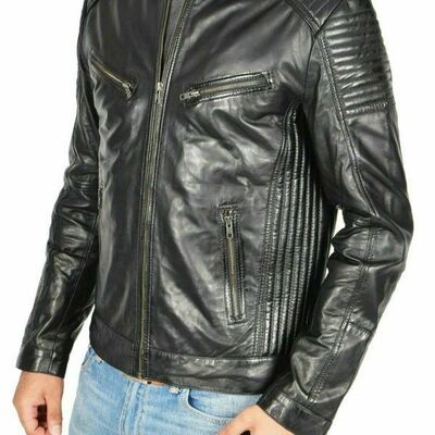 New men's real lamb leather 100% leather jacket biker motorcycle stylish black c - Thumbnail 5