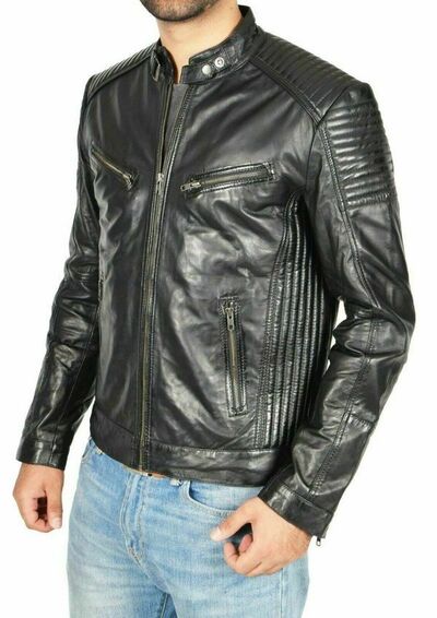 New men's real lamb leather 100% leather jacket biker motorcycle stylish black c