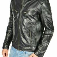 New men's real lamb leather 100% leather jacket biker motorcycle stylish black c - Thumbnail 1