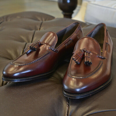 Handmade outstanding clearance brown leather shoes men's tassels loafers slips on shoes