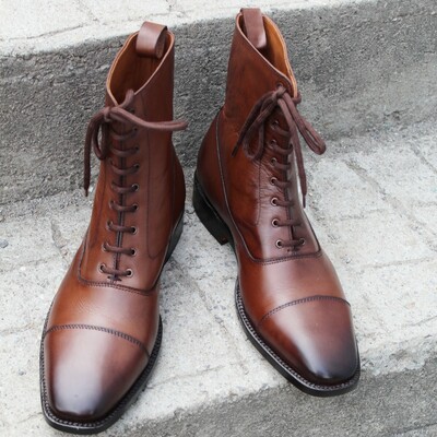 Crafted leather men handmade dress shoes brown leather ankle high lace up balmoral boot - Thumbnail 4