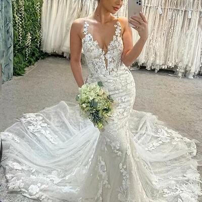 Mermaid sexy v neck lace appliques tulle bride dresses