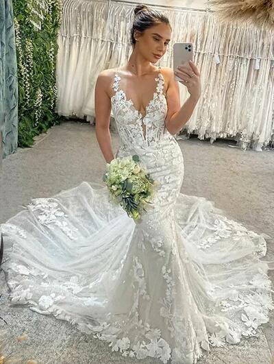 Mermaid Sexy V Neck Lace Appliques Tulle Bride Dresses