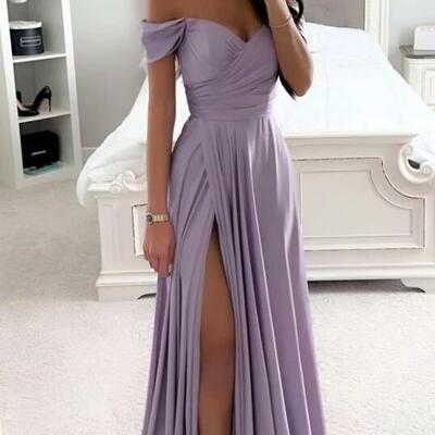  off the shoulder long pleated satin a-line prom dress with slit 