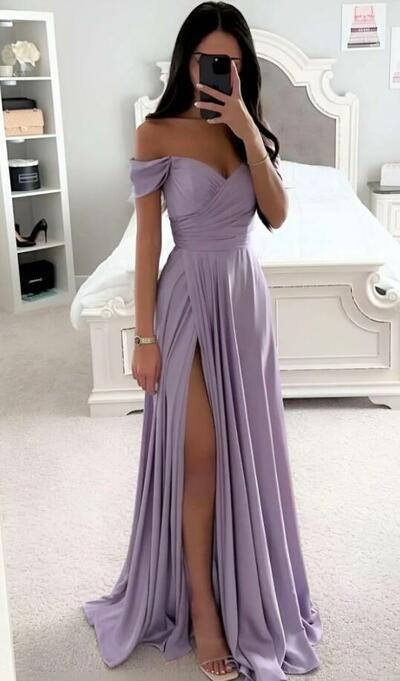  Off The Shoulder Long Pleated Satin A-Line Prom Dress With Slit 