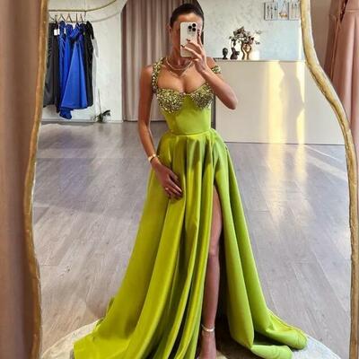 Sexy floor length high side green a line prom dresses 