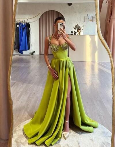 Sexy Floor Length High Side Green A Line Prom Dresses 