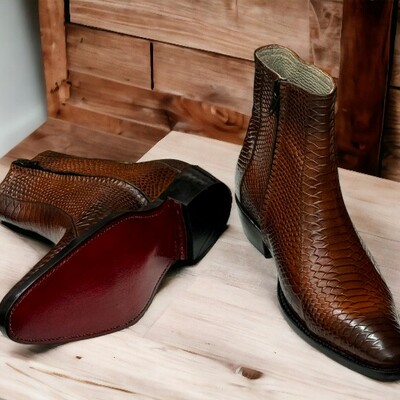 Men side zipper ankle boots two tone burnish toe cap toe dress boots - Thumbnail 1