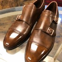 Men's Hand Stitch Brown Oxfords Double Monk Leather Shoes - Thumbnail 1