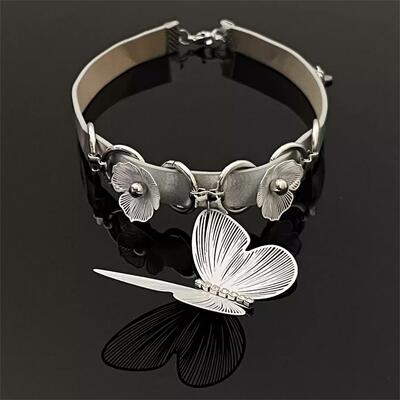 Silver butterfly leather choker