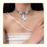 Silver Butterfly Leather Choker - Thumbnail 3