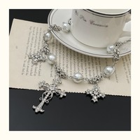 Rococo Style Zircon Cross Pearl Clavicle Chain Necklace  - Thumbnail 1