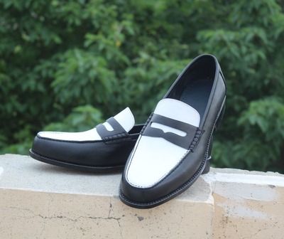 Crafted Leather Luxury Handmade Black White Leather Classic Moccasin Dress Shoes 