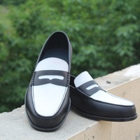 Crafted Leather Luxury Handmade Black White Leather Classic Moccasin Dress Shoes  - Thumbnail 1