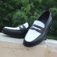 Crafted Leather Luxury Handmade Black White Leather Classic Moccasin Dress Shoes  - Thumbnail 3