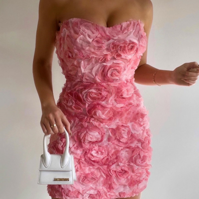 Elegant pink off shoulder floral slim dress