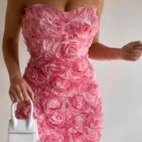 Elegant Pink Off Shoulder Floral Slim Dress - Thumbnail 1