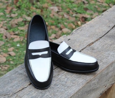 Crafted Leather Handmade Black White Leather Classic Moccasin Dress Shoes 
