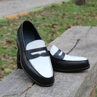 Crafted Leather Handmade Black White Leather Classic Moccasin Dress Shoes  - Thumbnail 2