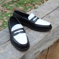 Crafted Leather Handmade Black White Leather Classic Moccasin Dress Shoes  - Thumbnail 4