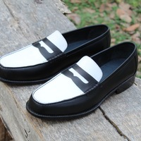 Crafted Leather Handmade Black White Leather Classic Moccasin Dress Shoes  - Thumbnail 6