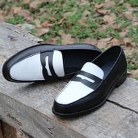 Crafted Leather Handmade Black White Leather Classic Moccasin Dress Shoes  - Thumbnail 7