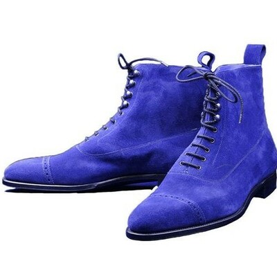 Handmade premium royal blue suede cap toe ankle high boots handcrafted stylish lace up luxury leather boots