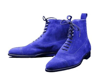 Handmade Premium Royal Blue Suede Cap Toe Ankle High Boots Handcrafted Stylish Lace Up Luxury Leather Boots