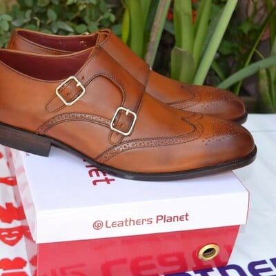 Crafted leather handmade men brown leather double monk strap wingtip dress shoes - Thumbnail 5