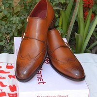 Crafted Leather Handmade Men Brown Leather Double Monk Strap Wingtip Dress Shoes - Thumbnail 1