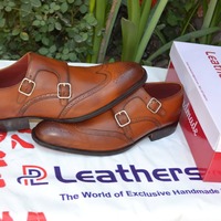 Crafted Leather Handmade Men Brown Leather Double Monk Strap Wingtip Dress Shoes - Thumbnail 2