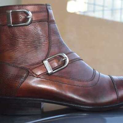 New handmade mens dark brown leather double monk stylish ankle high boot