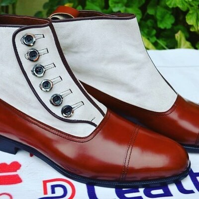 New handmade men two tone brown white stylish ankle high button boot
