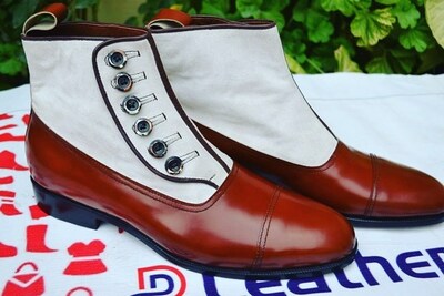 New Handmade Men Two Tone Brown White Stylish Ankle High Button Boot