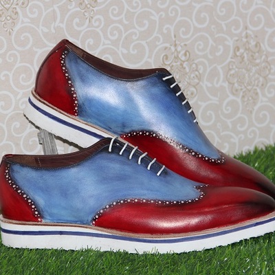 Mens new handmade formal shoes multi colored leather wing tip stylish lace up boots