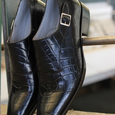 New men's handmade black crocodile textured leather single monk style dress & casual wear shoes