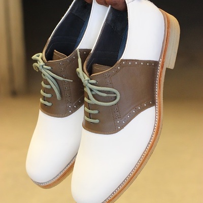 Men's handmade formal shoes white & olive green leather lace up stylish crepe sole dress & casual wear shoes
