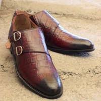 Men's New Handmade burgundy Crocodile Textured Leather Stylish Double Monk Strap Dress & Casual Wear Shoes - Thumbnail 1