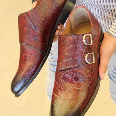Men's new handmade burgundy crocodile textured leather stylish double monk strap dress & casual wear shoes - Thumbnail 2