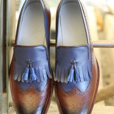 New handmade men's rounded toe brown & blue leather tassel loafer slip on stylish dress & formal shoes