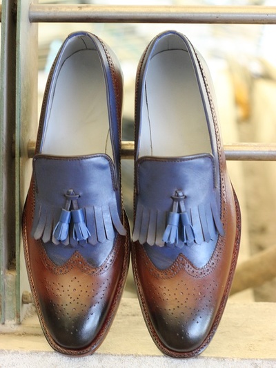 New Handmade Men's Rounded Toe Brown & Blue Leather Tassel Loafer Slip On Stylish Dress & Formal Shoes