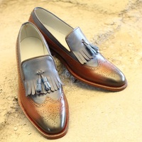 New Handmade Men's Rounded Toe Brown & Blue Leather Tassel Loafer Slip On Stylish Dress & Formal Shoes - Thumbnail 1