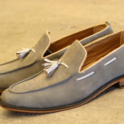 Men's new handmade grey suede leather slip on leather teasels genuine suede leather loafer moccasin shoes