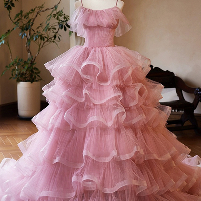 Pink tulle layers long a-line prom dress, pink spaghetti strap sweet 16 dress evening dress - Thumbnail 1