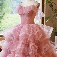 Pink Tulle Layers Long A-Line Prom Dress, Pink Spaghetti Strap Sweet 16 Dress Evening Dress - Thumbnail 1