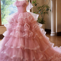 Pink Tulle Layers Long A-Line Prom Dress, Pink Spaghetti Strap Sweet 16 Dress Evening Dress - Thumbnail 2