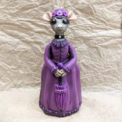 Penelope pimbsy anthropomorphic mouse in a victorian era dress polymer clay sculpture 