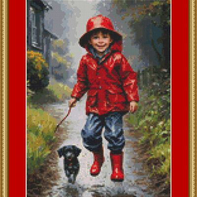 Playing in the rain cross stitch pattern