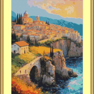 Cliff top village cross stitch pattern